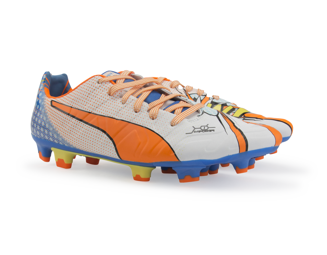 PUMA, PUMA Men's evoPOWER 1.2 Graphic Pop FG White/Orange Clown Fish/Electric Blue Lemonade